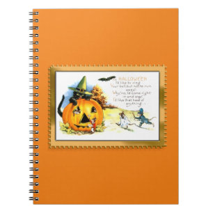 Carnet Chat d'Halloween assis dans une citrouille lumineu