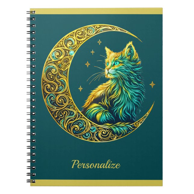 Carnet Chat doré mystique sur la lune céleste verte  (Devant)