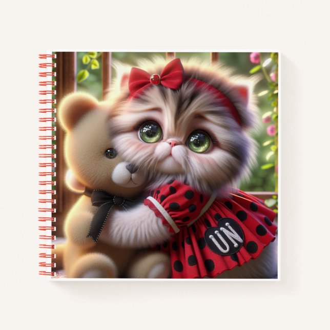 Carnet Chat en robe rouge avec ours en peluche   (Devant)