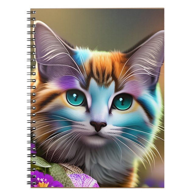 Carnet chat et fleurs bleu et rouille calico (Devant)