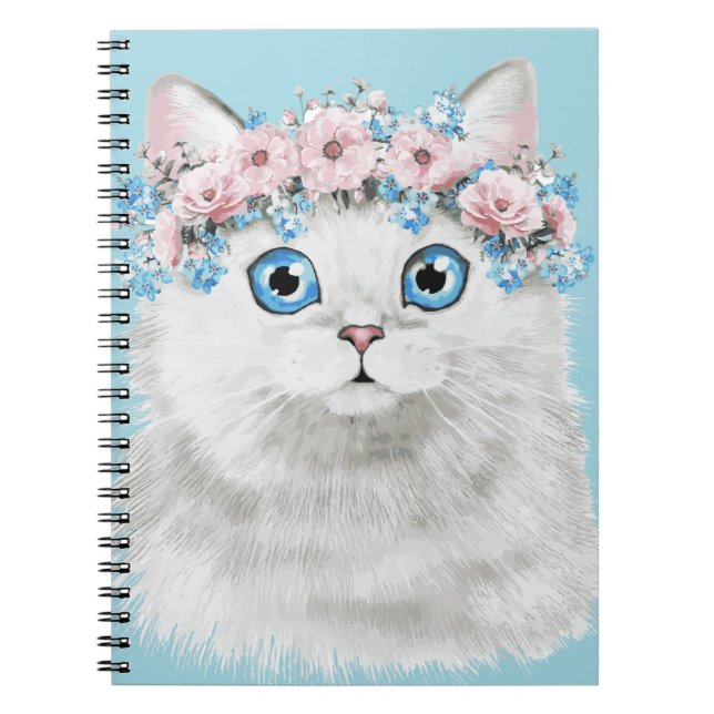 Carnet Chat floral blanc doux (Devant)