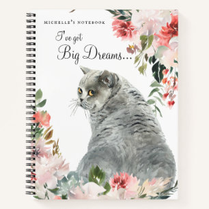 Carnet Chat floral gris aquarelle & monogramme citation
