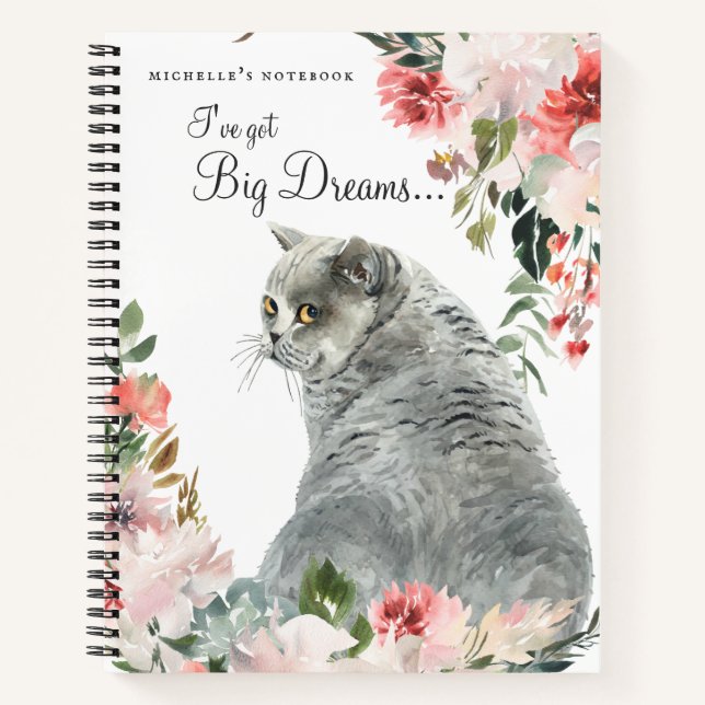 Carnet Chat floral gris aquarelle & monogramme citation (Devant)