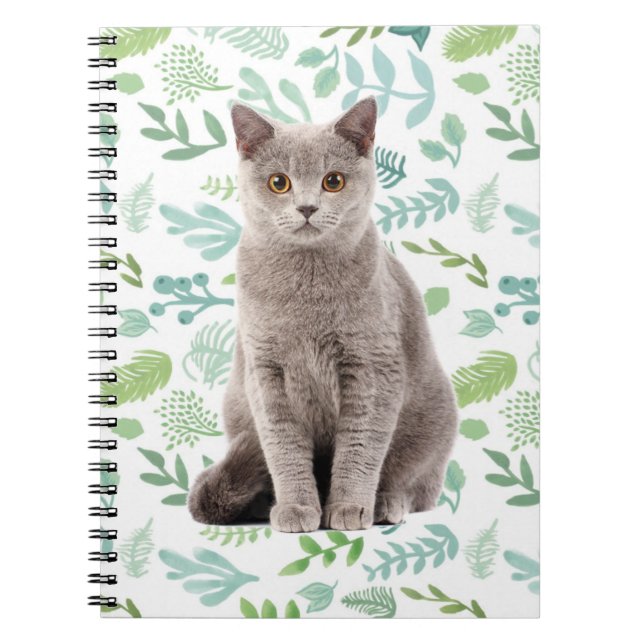 Carnet Chat Gray avec Fleurs et Motif Feuille (Devant)