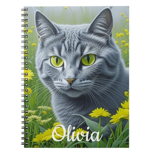 Carnet Chat gris mignon avec Yellow Eyes Personnalisé (Devant)