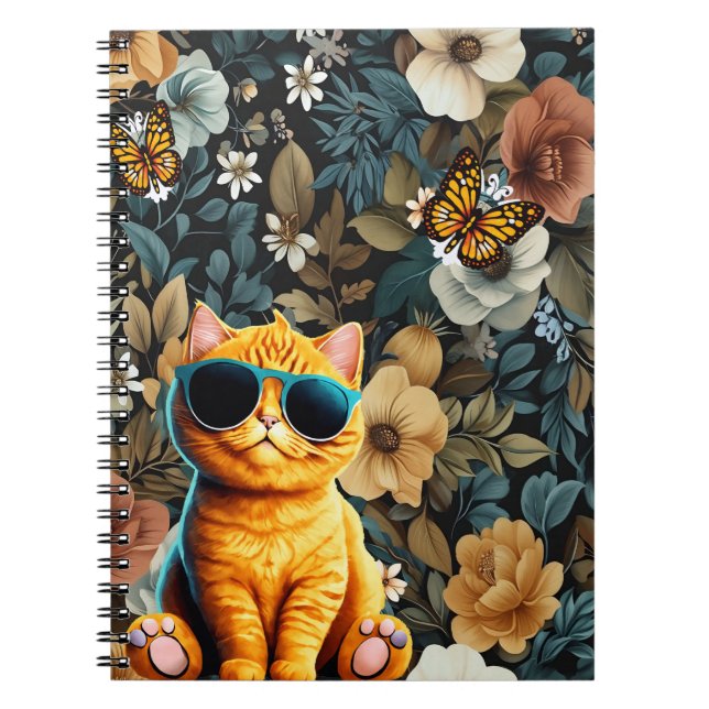 Carnet Chat jaune et papillons sur Arrière - plan floral (Devant)