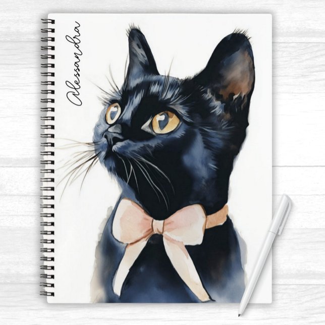 Carnet Chat Kitty Noir dans la poche de Pêche Personnalis (Cute Black Kitty Cat wearing a peach bow on its neck Personalized Notebook for girls of all ages)