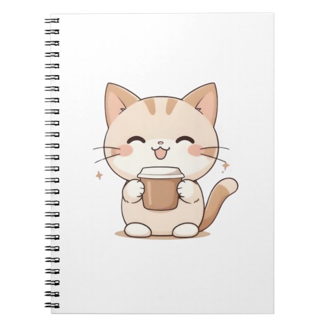 Carnet Chat Mignon Buvant du Café Design Kawaii (Devant)