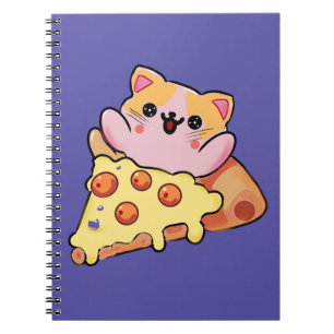 Carnet Chat Mignon Kawaii Enlaçant une Pizza au Pepperoni