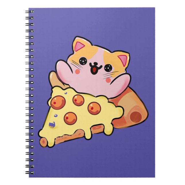 Carnet Chat Mignon Kawaii Enlaçant une Pizza au Pepperoni (Devant)