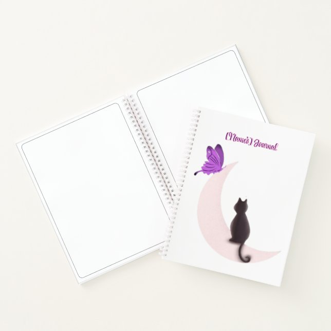 Carnet Chat mignon Kawaii sur la Lune avec papillon perso (Intérieur)