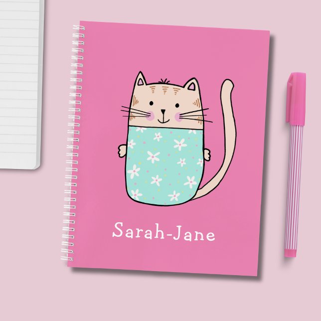 Carnet Chat mignon personnalisé nom rose (Cute kitty cat personalised notebook)
