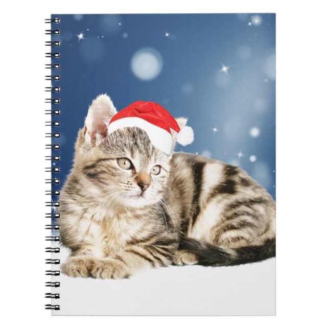 Carnet Chat mignon portant chapeau de Noël rouge neige (Devant)