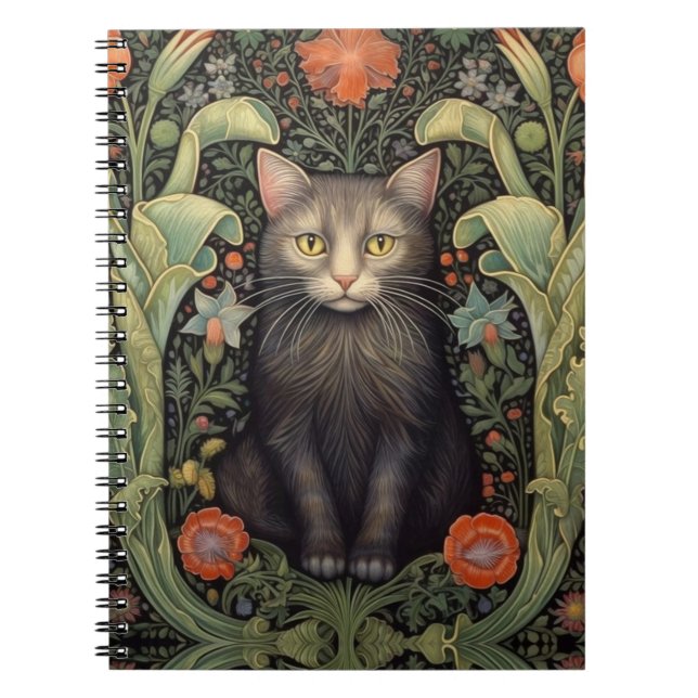 Carnet Chat noir Art nouveau et fleurs rouges (Devant)