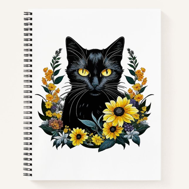 Carnet chat noir avec fleurs (Devant)