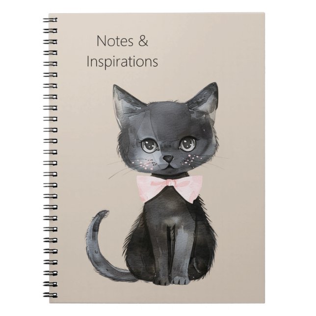 Carnet Chat noir crème noeud rose (Devant)