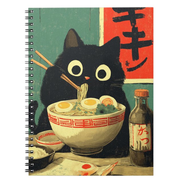 Carnet Chat noir drôle mangeant du Ramen (Devant)
