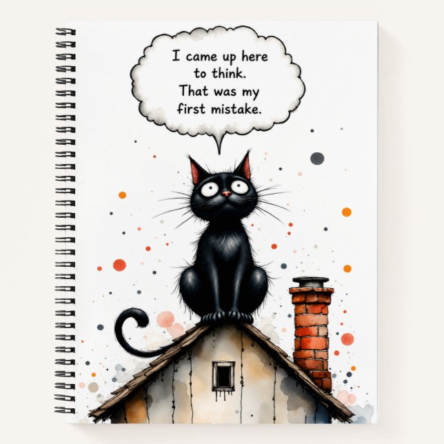 Carnet Chat noir drôle qui réfléchit trop Citation Toit (Devant)