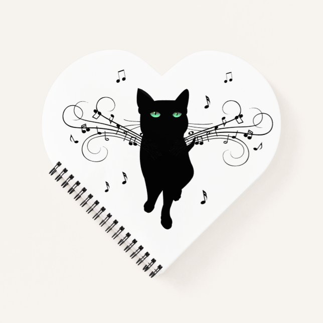 Carnet Chat noir entouré de notes de musique chuchotantes (Devant)