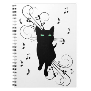 Carnet Chat noir entouré de notes de musique murmurantes