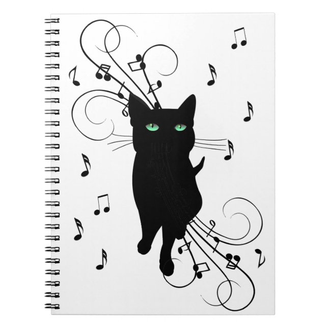 Carnet Chat noir entouré de notes de musique murmurantes (Devant)