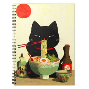 Carnet Chat noir heureux mangeant du Ramen Ukiyo-e japo