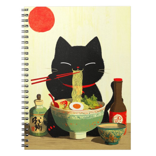 Carnet Chat noir heureux mangeant du Ramen | Ukiyo-e japo (Devant)
