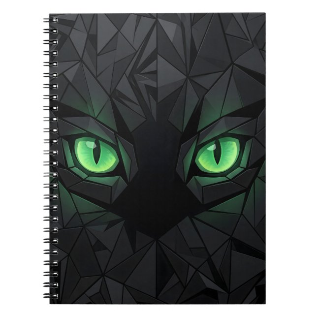 Carnet Chat noir Low Poly avec des yeux verts émeraude (Devant)