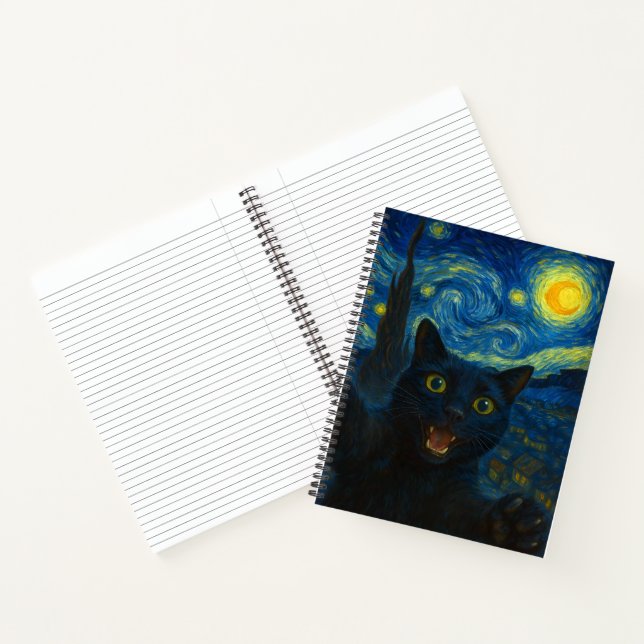 Carnet Chat noir Nuit étoilée Van Gogh Chat selfie (Intérieur)