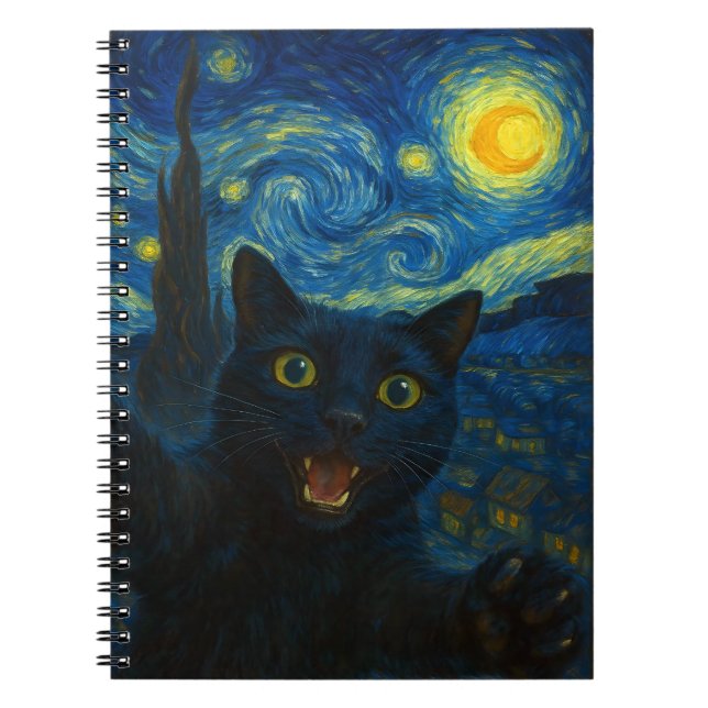 Carnet Chat noir Nuit étoilée Van Gogh Chat selfie (Devant)