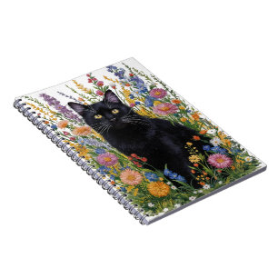 Carnet Chat noir peint à la main et broderie florale