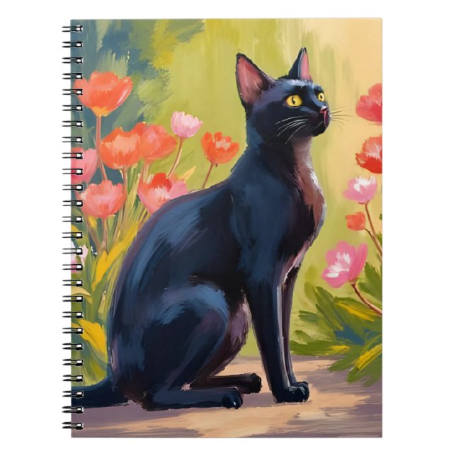 Carnet Chat Noir | Peinture de fleurs aquarelle pour anim (Devant)