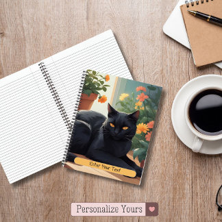 Carnet Chat noir personnalisé avec fleurs en pot