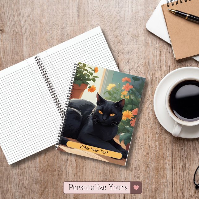 Carnet Chat noir personnalisé avec fleurs en pot (Personalized Black cat with potted flowers Notebook)