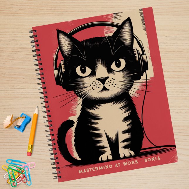 Carnet Chat Noir Rétro, Génie au Travail & Nom,Drôle (Créateur téléchargé)