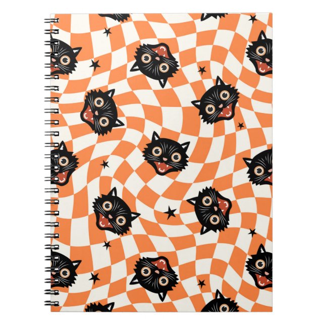 Carnet Chat noir rétro Motif chèque orange (Devant)