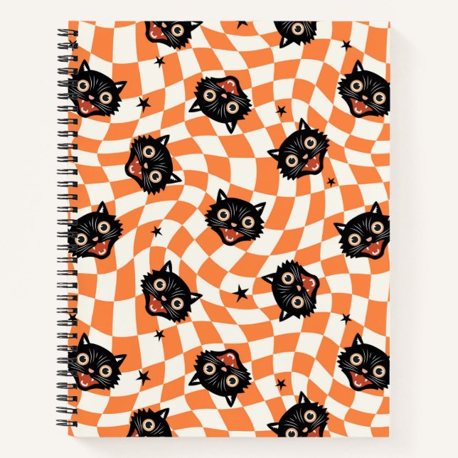 Carnet Chat noir rétro Motif chèque orange (Devant)