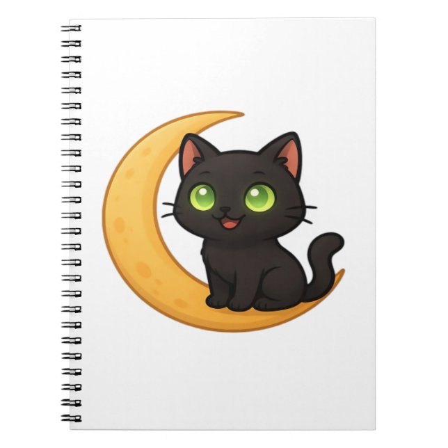 Carnet Chat noir souriant aux yeux verts brillants assis (Devant)