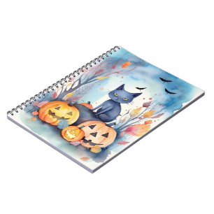 Carnet Chat Oriental Bleu d'Halloween avec des Citrouille