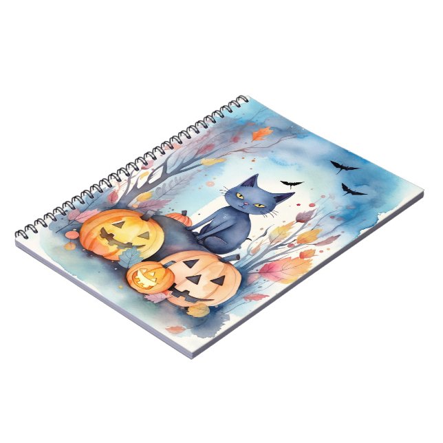 Carnet Chat Oriental Bleu d'Halloween avec des Citrouille (Côté gauche)