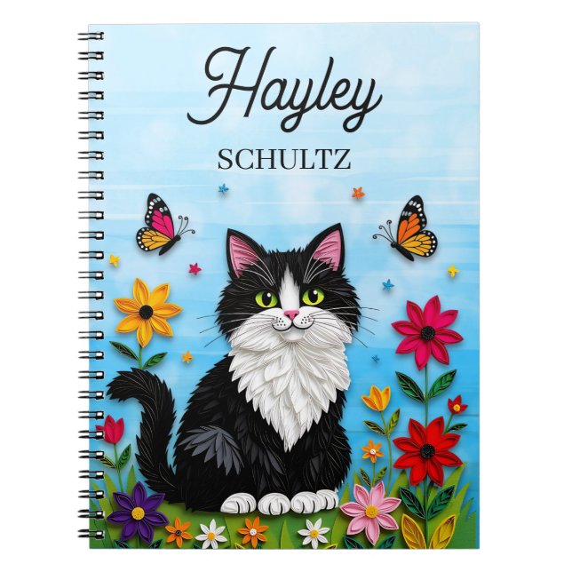 Carnet Chat personnalisé, Fleurs et Papillons   (Devant)