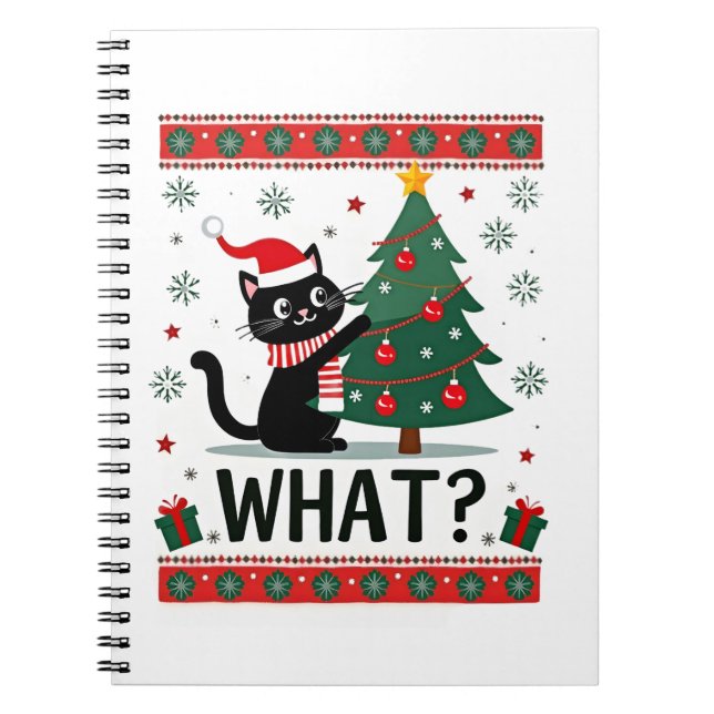 Carnet Chat quoi drôle Chat noir poussant l'arbre de Noël (Devant)