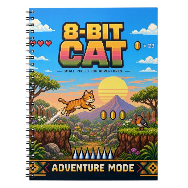 Carnet Chat, Rétro Pixel Art 8-Bit (Devant)