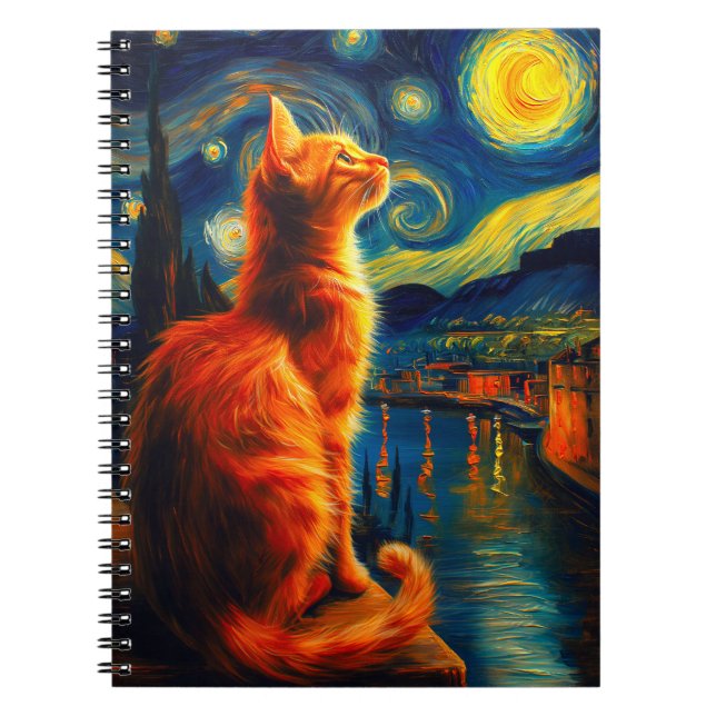 Carnet Chat roux contemplatif | Ciel nocturne étoilé (Devant)