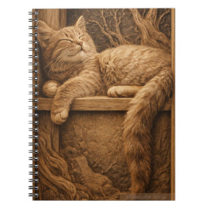 Carnet Chat roux endormi dans un style de gravure sur boi