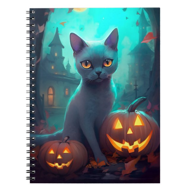 Carnet Chat Russe Bleu Halloween avec des citrouilles eff (Devant)