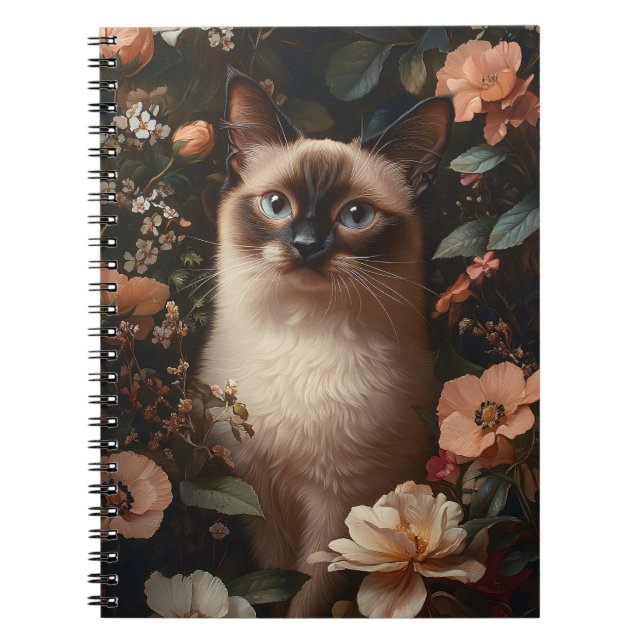 Carnet Chat Siamois Entouré De Fleurs Roses Bruyantes (Devant)