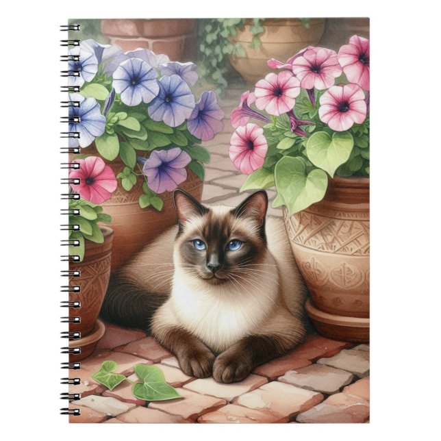 Carnet Chat siamois et fleurs de pétunia  (Devant)