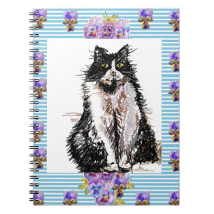 Carnet Chat smoking noir et blanc Fleurs bleues