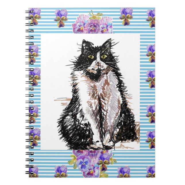 Carnet Chat smoking noir et blanc Fleurs bleues florales (Devant)